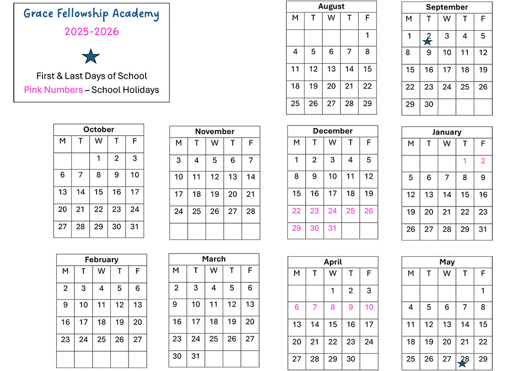 Grace Fellowship Academy School Calendar for 2025 - 2026