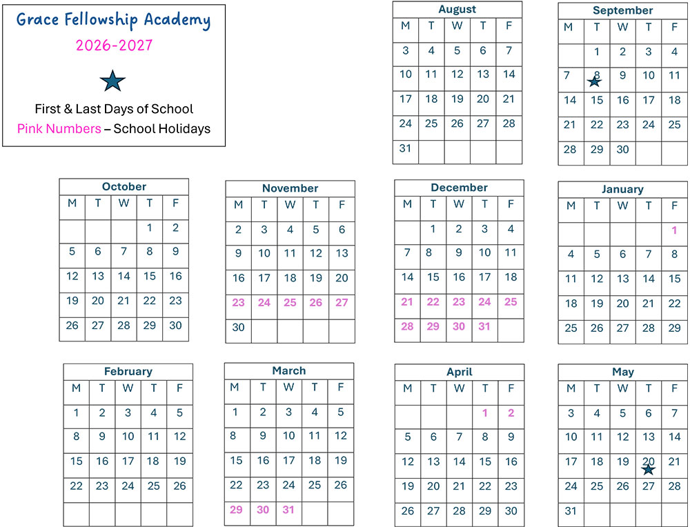 Grace Fellowship Academy School Calendar for 2026 - 2027